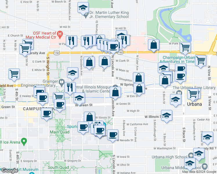 map of restaurants, bars, coffee shops, grocery stores, and more near 902 County Road 1600 North in Urbana