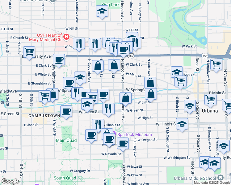 map of restaurants, bars, coffee shops, grocery stores, and more near 1002 West Springfield Avenue in Urbana
