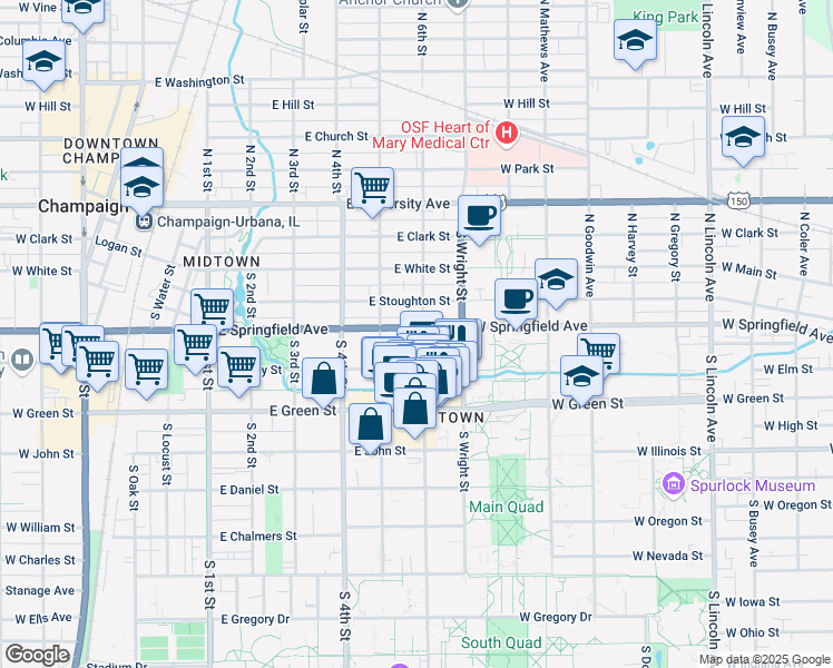 map of restaurants, bars, coffee shops, grocery stores, and more near 604 East Springfield Avenue in Champaign
