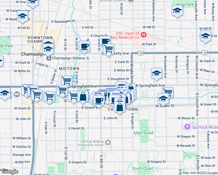 map of restaurants, bars, coffee shops, grocery stores, and more near 408 U.S. 45 in Champaign