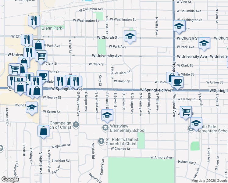 map of restaurants, bars, coffee shops, grocery stores, and more near 1208 West Springfield Avenue in Champaign