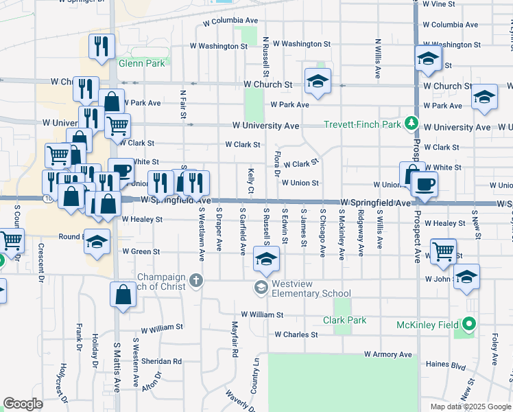 map of restaurants, bars, coffee shops, grocery stores, and more near 319 South Russell Street in Champaign