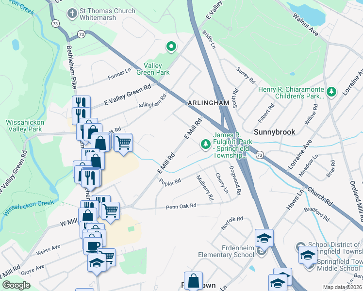 map of restaurants, bars, coffee shops, grocery stores, and more near 501 East Mill Road in Flourtown