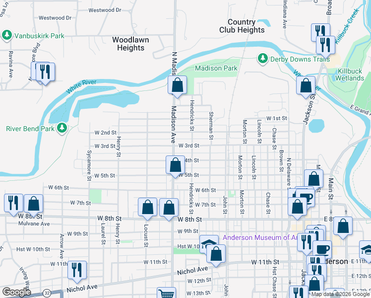 map of restaurants, bars, coffee shops, grocery stores, and more near 904 West 3rd Street in Anderson
