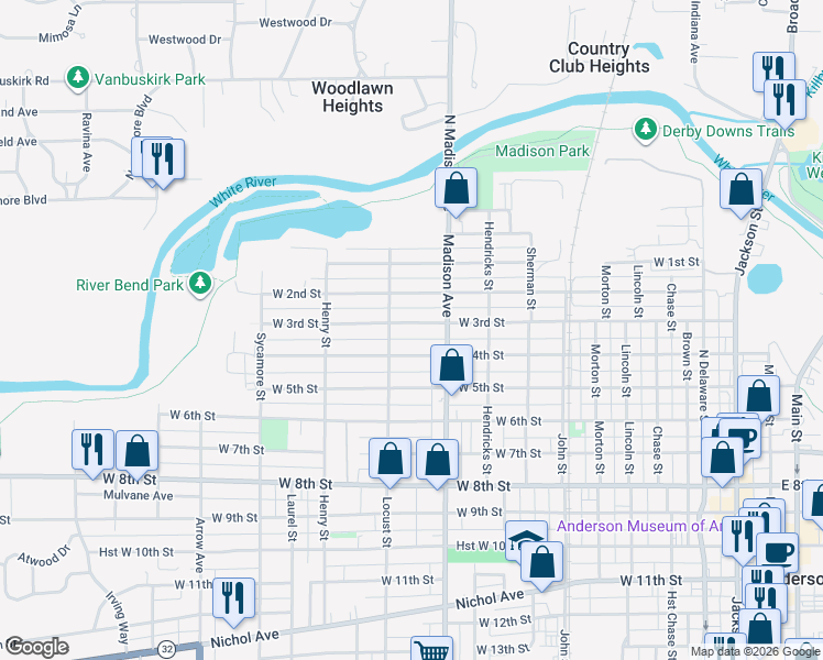 map of restaurants, bars, coffee shops, grocery stores, and more near 1110 West 3rd Street in Anderson