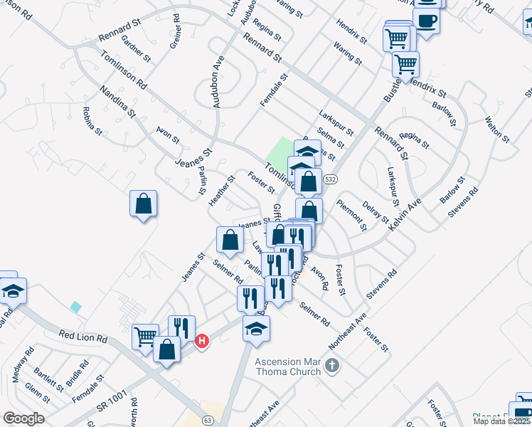 map of restaurants, bars, coffee shops, grocery stores, and more near 553 Avon Street in Philadelphia