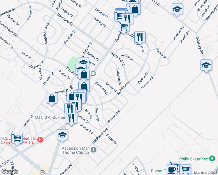 map of restaurants, bars, coffee shops, grocery stores, and more near 821 Delray Street in Philadelphia