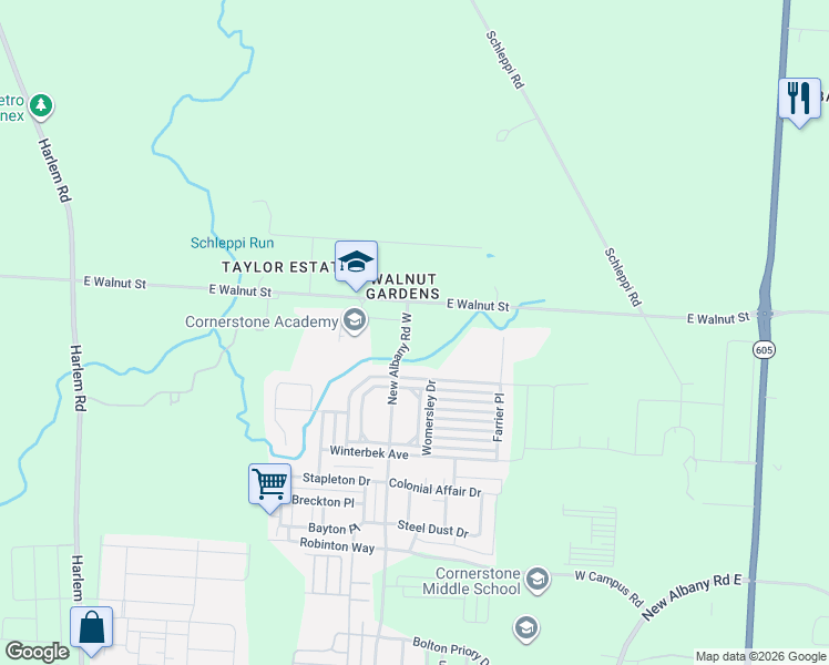 map of restaurants, bars, coffee shops, grocery stores, and more near 6309 New Albany Road West in New Albany