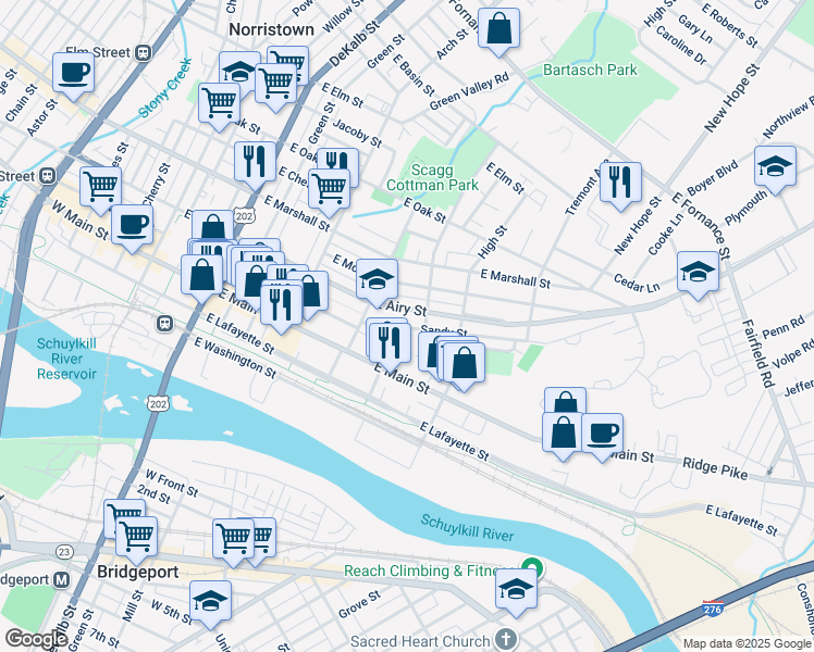 map of restaurants, bars, coffee shops, grocery stores, and more near 439 Sandy Street in Norristown