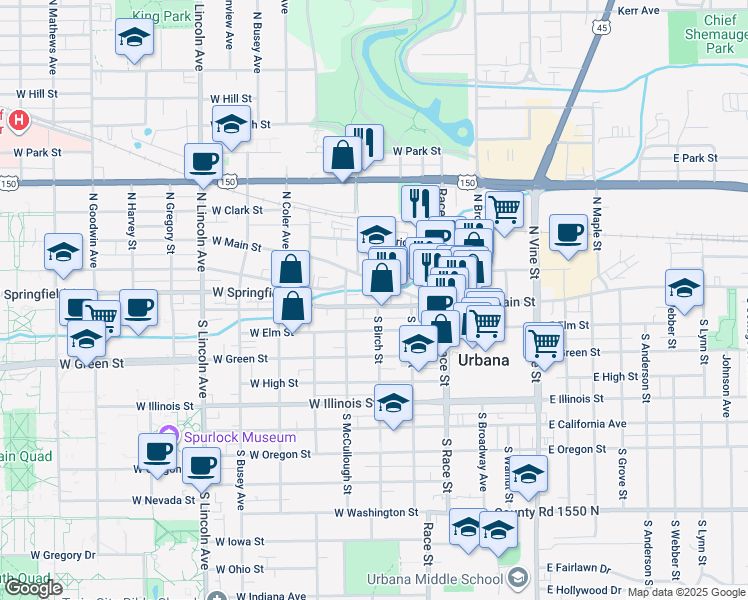 map of restaurants, bars, coffee shops, grocery stores, and more near 407 West Main Street in Urbana