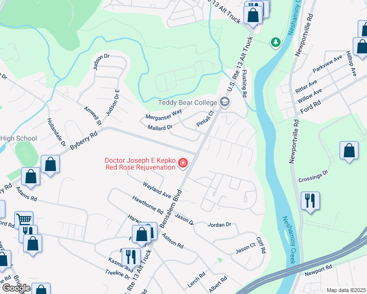 map of restaurants, bars, coffee shops, grocery stores, and more near 1053 Byberry Road in Bucks County