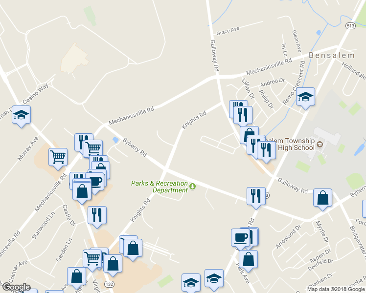 map of restaurants, bars, coffee shops, grocery stores, and more near  in Bensalem