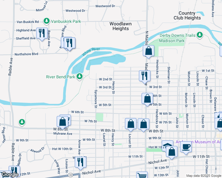 map of restaurants, bars, coffee shops, grocery stores, and more near 1403 West 3rd Street in Anderson