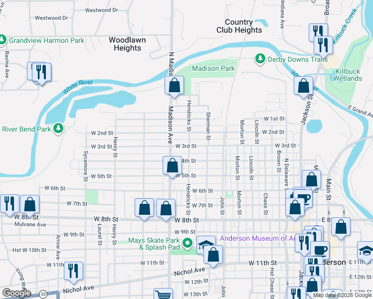 map of restaurants, bars, coffee shops, grocery stores, and more near 904 West 3rd Street in Anderson