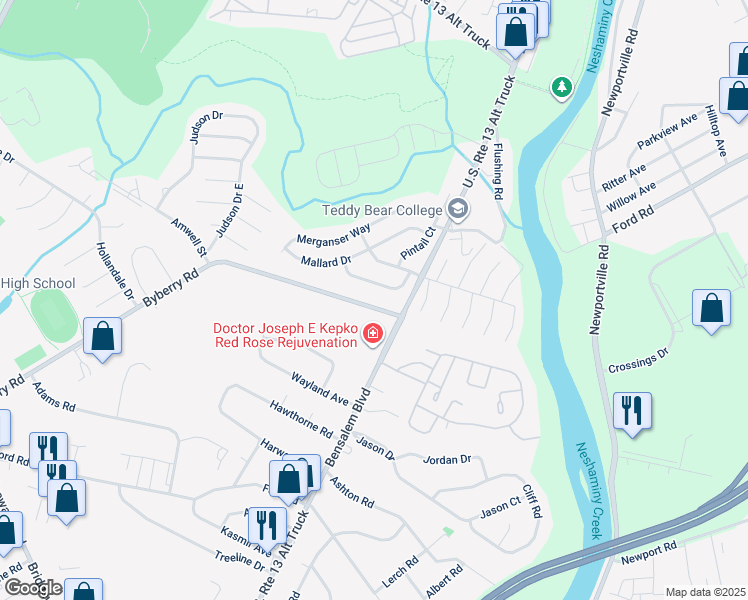 map of restaurants, bars, coffee shops, grocery stores, and more near 1053 Byberry Road in Bucks County