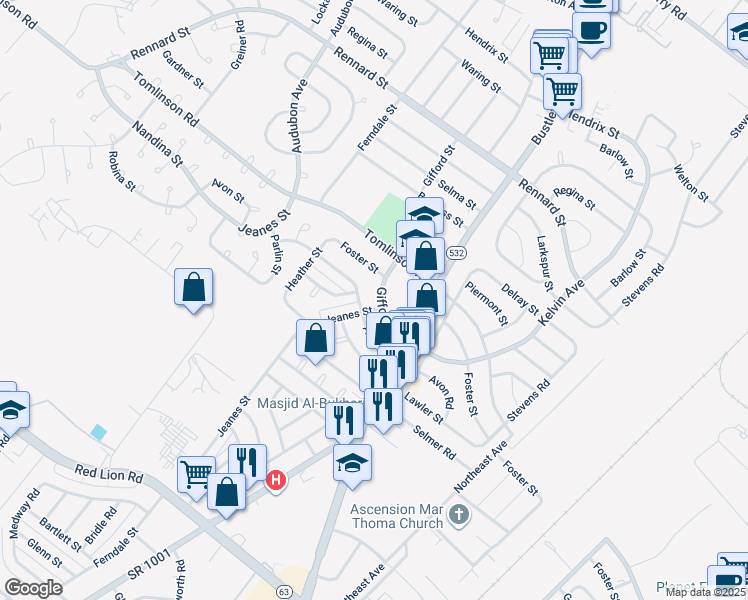 map of restaurants, bars, coffee shops, grocery stores, and more near 10804 Gifford Street in Philadelphia