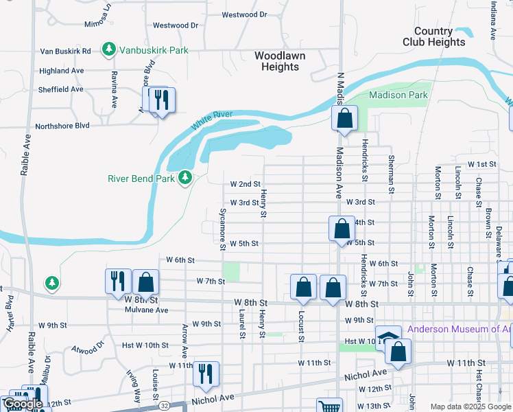 map of restaurants, bars, coffee shops, grocery stores, and more near 1409 West 3rd Street in Anderson