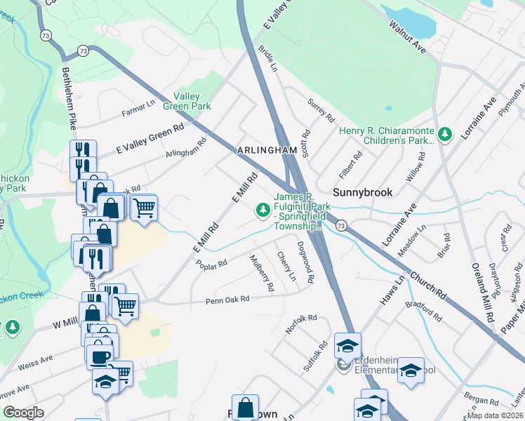 map of restaurants, bars, coffee shops, grocery stores, and more near 1905 Sycamore Lane in Flourtown
