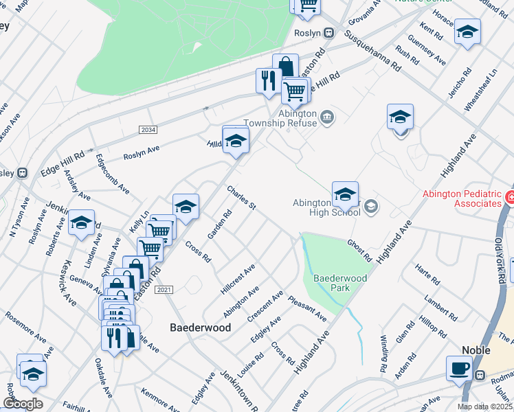 map of restaurants, bars, coffee shops, grocery stores, and more near 2221 Charles Street in Glenside