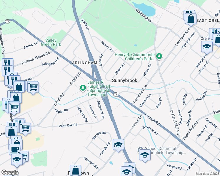 map of restaurants, bars, coffee shops, grocery stores, and more near 1709 Church Road in Oreland
