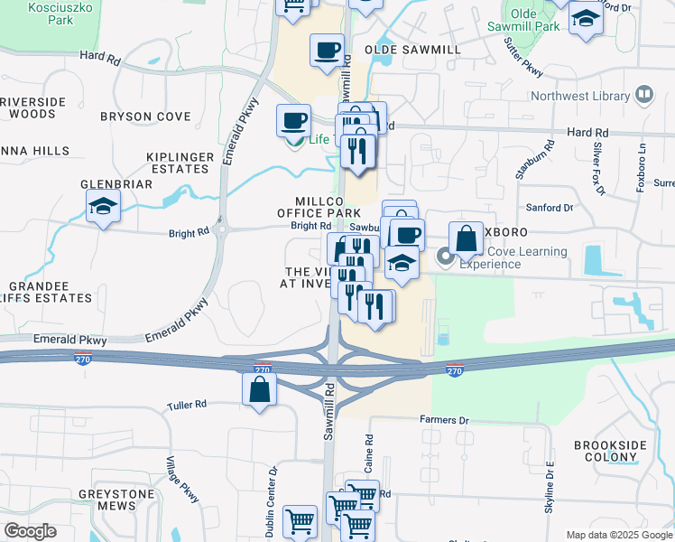 map of restaurants, bars, coffee shops, grocery stores, and more near Billingsley Rd & Sawmill Rd in Columbus