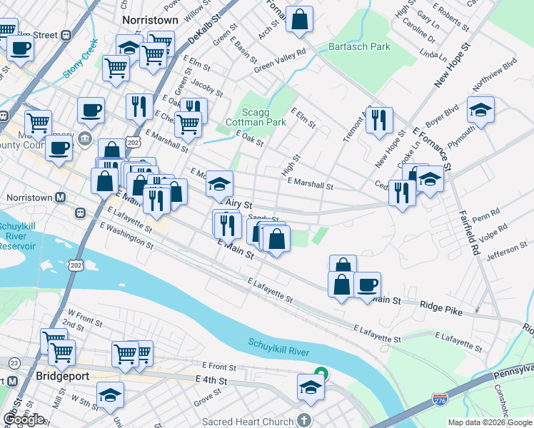 map of restaurants, bars, coffee shops, grocery stores, and more near 529 State Route 3009 in Norristown