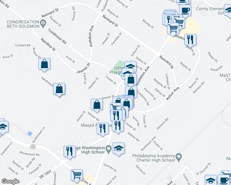 map of restaurants, bars, coffee shops, grocery stores, and more near 10804 Gifford Street in Philadelphia