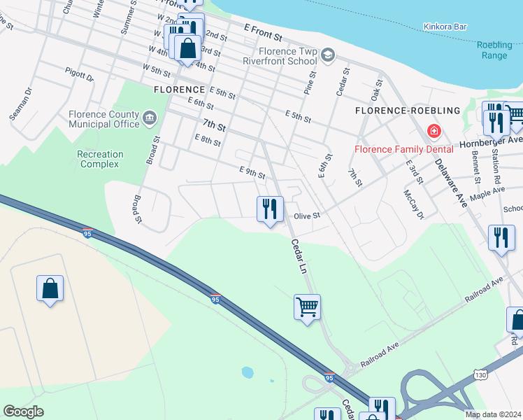map of restaurants, bars, coffee shops, grocery stores, and more near 45-10 Carriage Stop Place in Florence