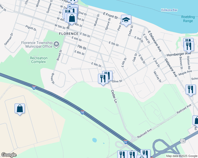 map of restaurants, bars, coffee shops, grocery stores, and more near 45-10 Carriage Stop Place in Florence