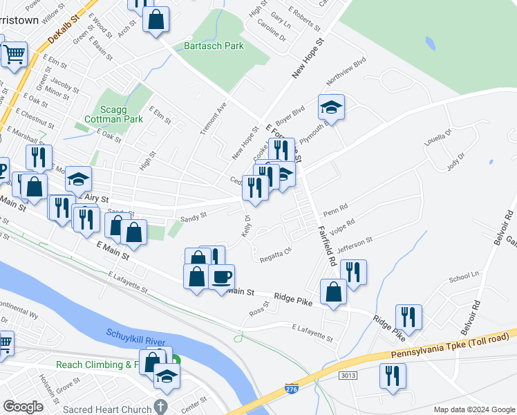 map of restaurants, bars, coffee shops, grocery stores, and more near 1016 Sandy Hill Road in Norristown