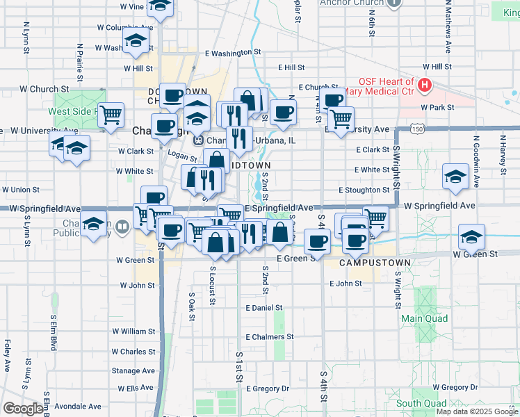 map of restaurants, bars, coffee shops, grocery stores, and more near in Champaign