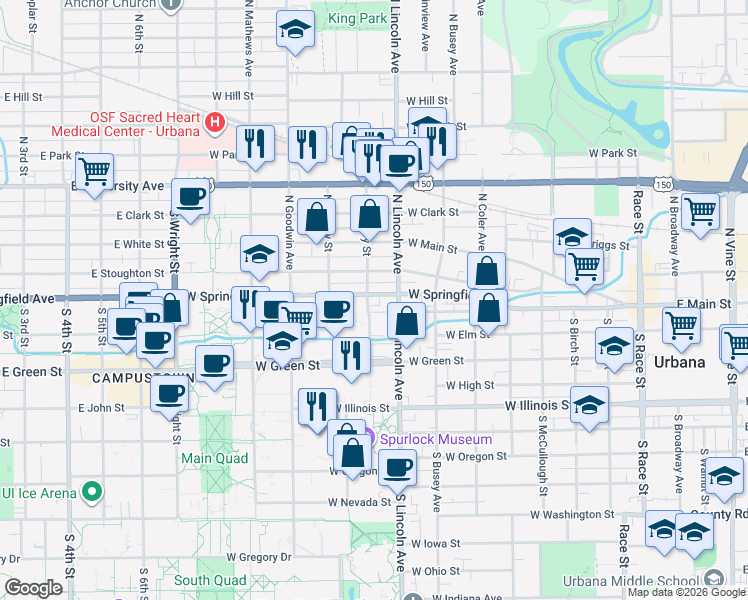 map of restaurants, bars, coffee shops, grocery stores, and more near 911 West Springfield Avenue in Urbana