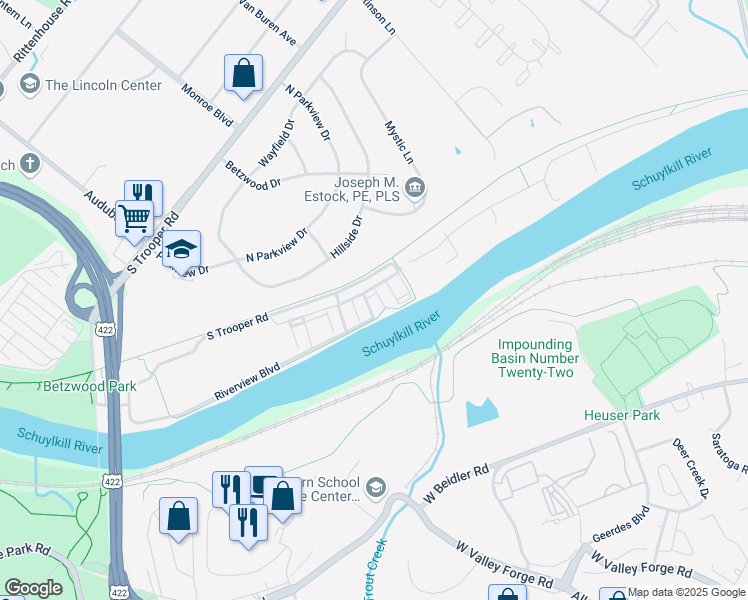 map of restaurants, bars, coffee shops, grocery stores, and more near 7112 Sentinel Ridge in Norristown