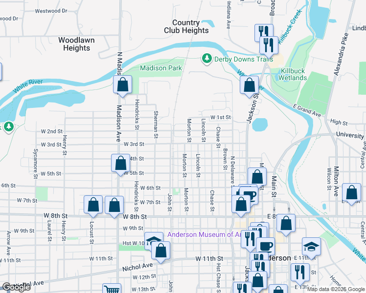 map of restaurants, bars, coffee shops, grocery stores, and more near 504 West 3rd Street in Anderson
