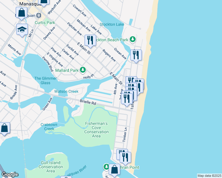 map of restaurants, bars, coffee shops, grocery stores, and more near in Manasquan