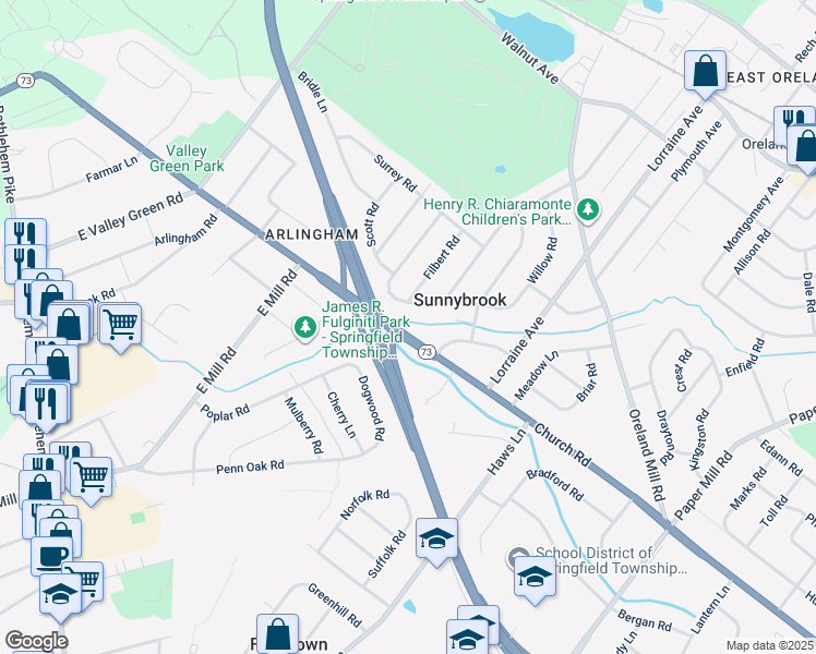 map of restaurants, bars, coffee shops, grocery stores, and more near 1709 Church Road in Oreland