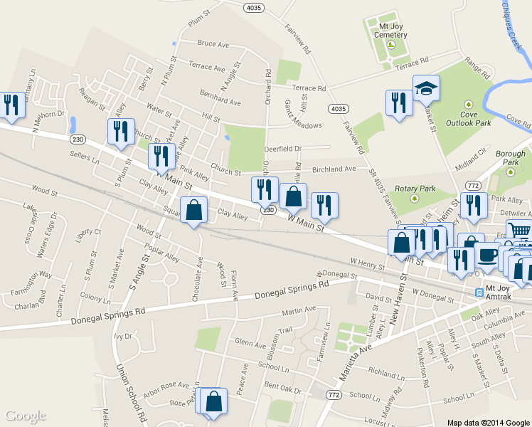 map of restaurants, bars, coffee shops, grocery stores, and more near 441 West Main Street in Mount Joy