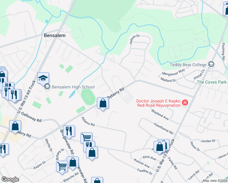 map of restaurants, bars, coffee shops, grocery stores, and more near 1619 Hollandale Drive in Bensalem