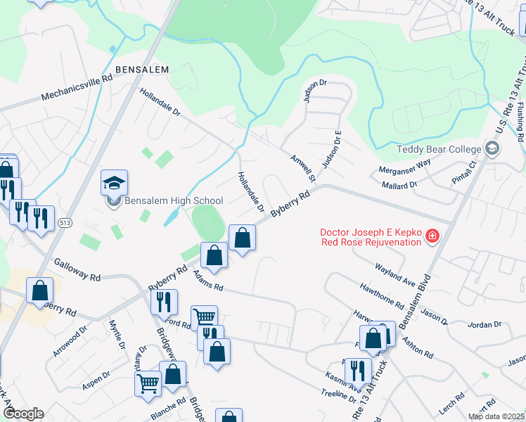 map of restaurants, bars, coffee shops, grocery stores, and more near 1619 Hollandale Drive in Bensalem