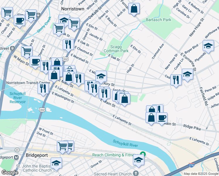map of restaurants, bars, coffee shops, grocery stores, and more near 439 Sandy Street in Norristown