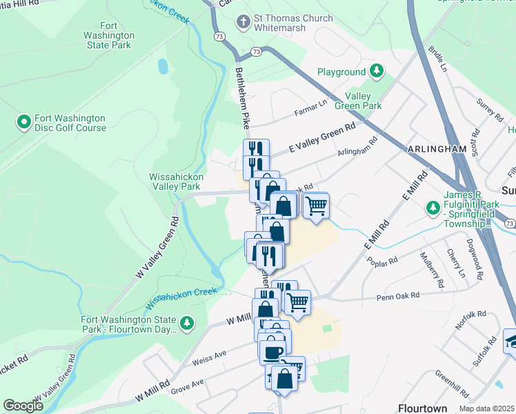 map of restaurants, bars, coffee shops, grocery stores, and more near 741 State Route 2018 in Flourtown