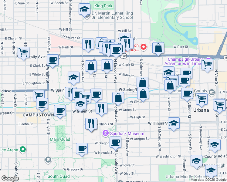 map of restaurants, bars, coffee shops, grocery stores, and more near 901 West Springfield Avenue in Urbana