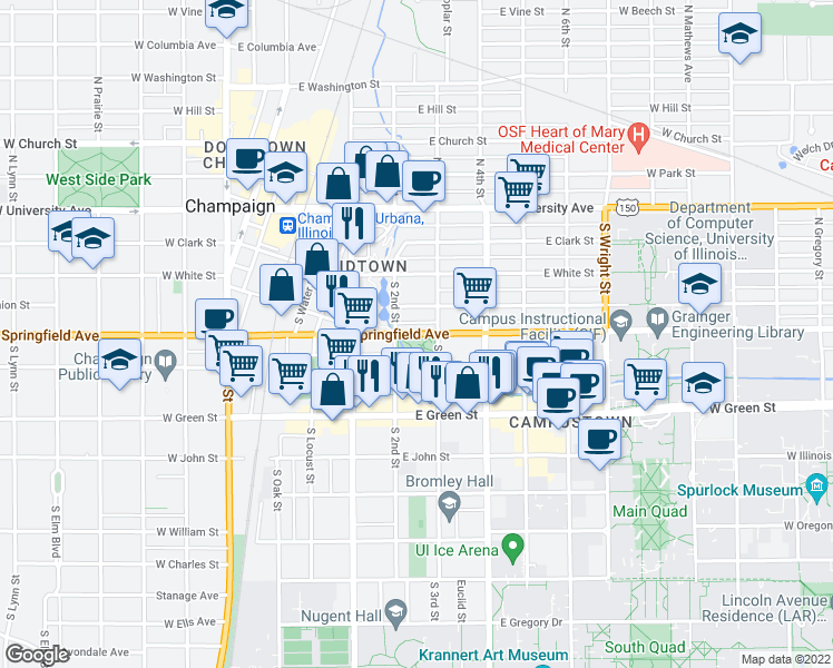 map of restaurants, bars, coffee shops, grocery stores, and more near East Springfield Avenue in Champaign