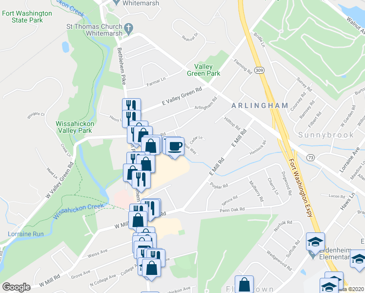map of restaurants, bars, coffee shops, grocery stores, and more near 2102 Carolton Way in Flourtown