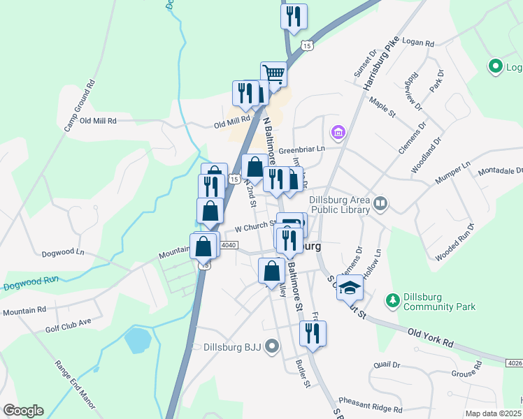 map of restaurants, bars, coffee shops, grocery stores, and more near 99 East Church Street in Dillsburg