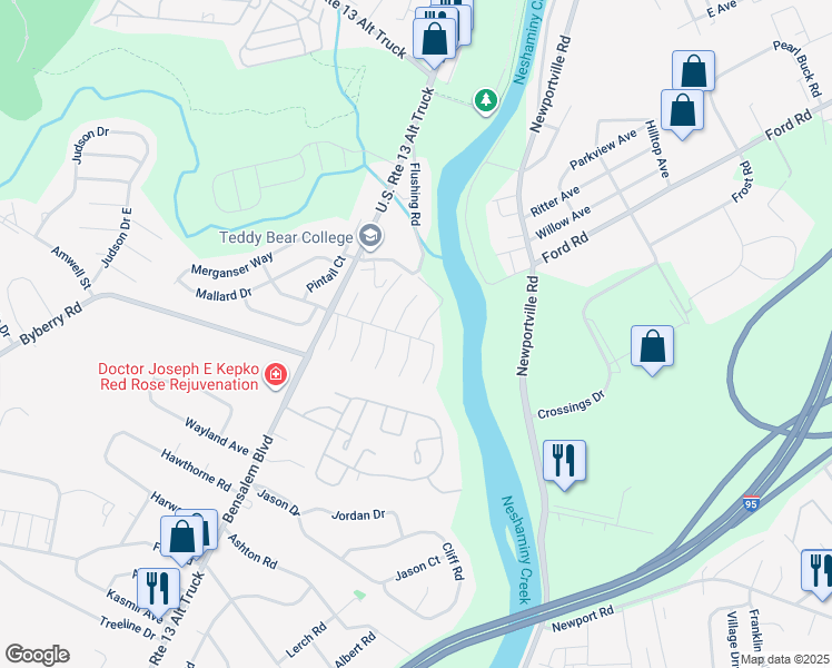 map of restaurants, bars, coffee shops, grocery stores, and more near 5204 Windward Lane in Bensalem