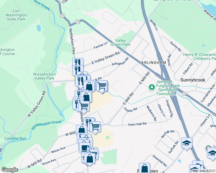 map of restaurants, bars, coffee shops, grocery stores, and more near 2102 Carolton Way in Flourtown