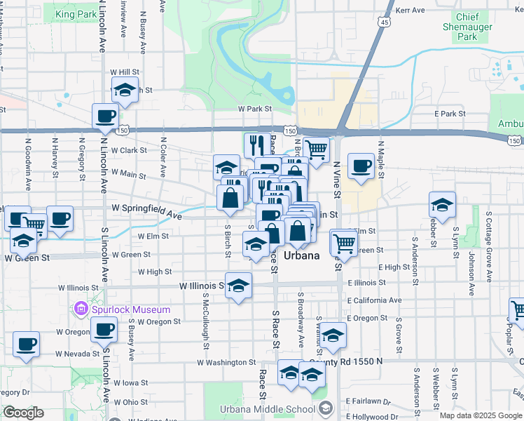 map of restaurants, bars, coffee shops, grocery stores, and more near 113 North Race Street in Urbana