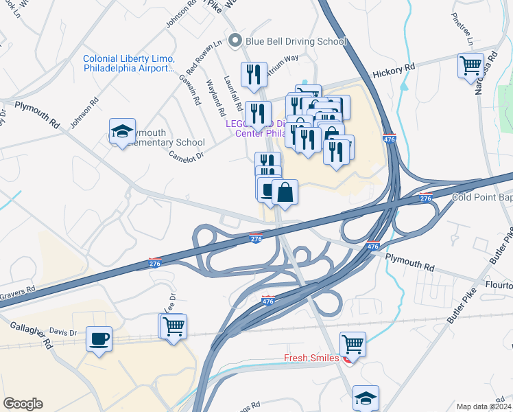 map of restaurants, bars, coffee shops, grocery stores, and more near 437 Irwins Lane in Plymouth Meeting