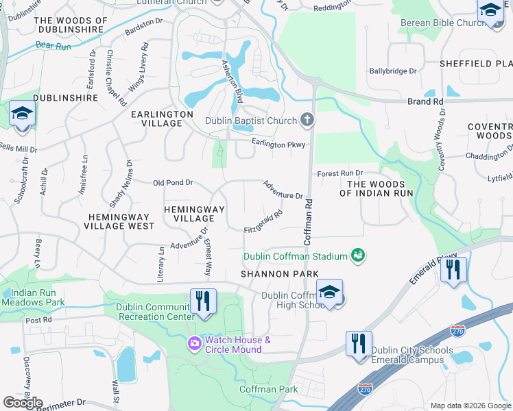 map of restaurants, bars, coffee shops, grocery stores, and more near 7107 Old Prose Court in Dublin